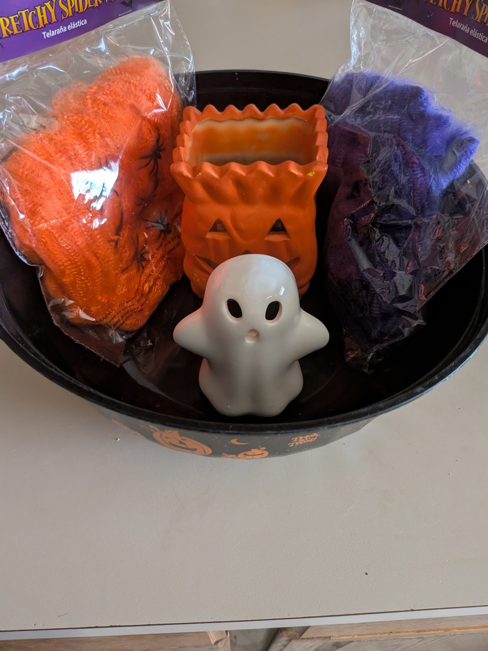 Halloween Bundle, 2 Stretchy Spider Webs, 2 Ceramic Tea Light Holders, And Bowl